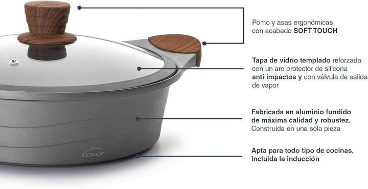 Lacor Bratentopf M/Glasdeckel, Aluminum, Grau, 34 x 31 x 10 cm