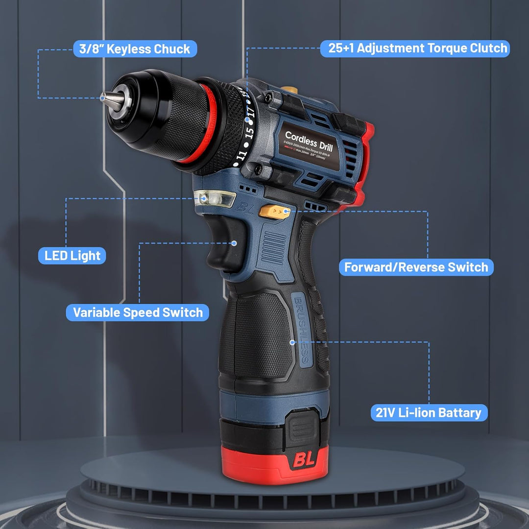 Akku Bohrschrauber mit Bürstenloser Motor - 16.8V Akku Bohrmaschine Bürstloser mit 2000mAh Akkus, 60