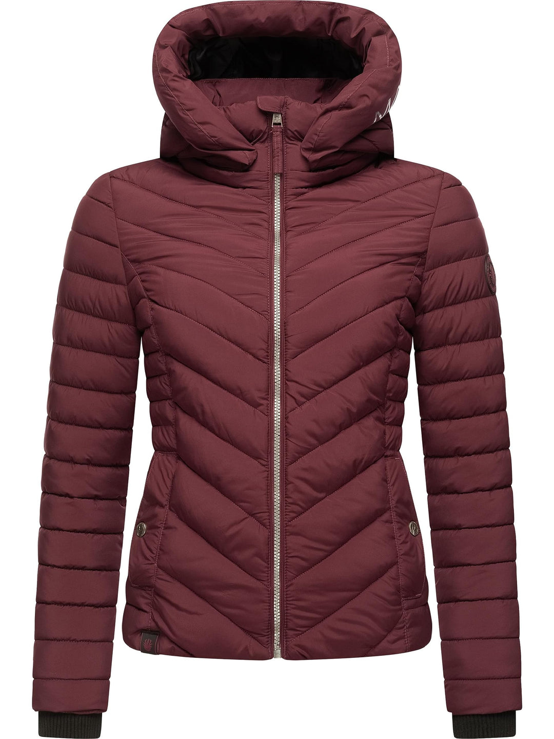 MARIKOO Damen Übergangsjacke leichte Steppjacke kurz mit Abnehmbarer Kapuze Kagomee XS-XXL S Wine, S