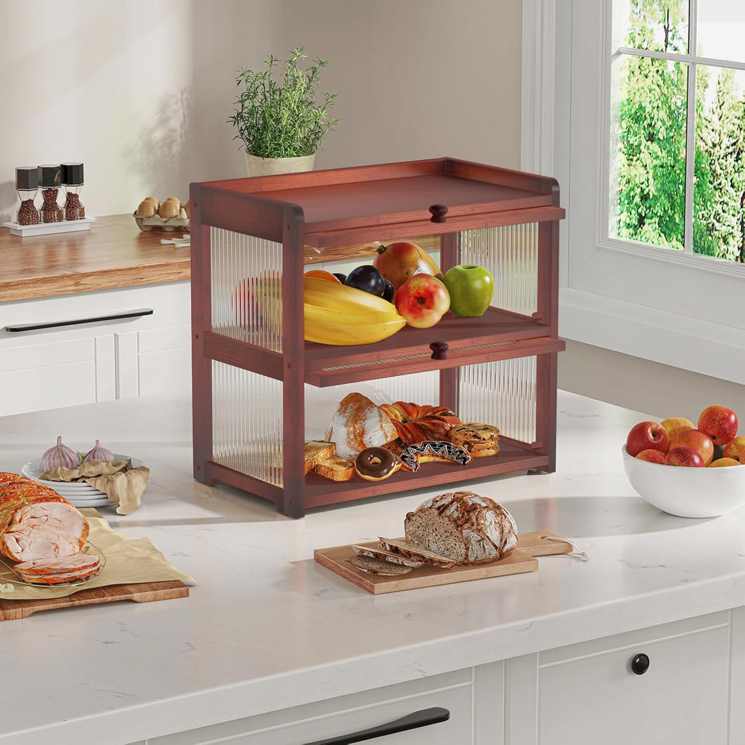 BAMBANG Extragross Bambus Brotkasten für Küchentheke, 2 Stufe Bauernhaus Brotbox, Holz Brotkasten Br