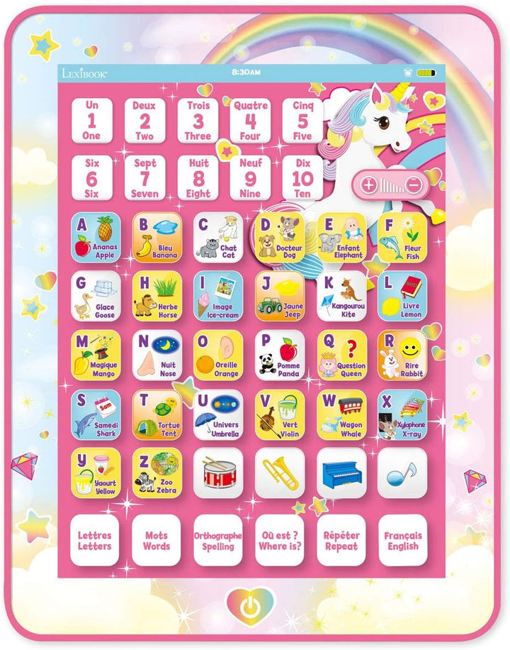 Lexibook JCPAD002UNIi1 Bilingual Unicorn Learning Tablet - Vocabulary and Music - Pink - JCPAD002UNI