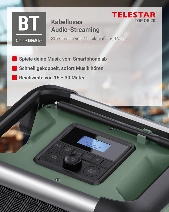 TELESTAR TOP OR 20 – Baustellenradio (Robustes Radio mit DAB+, Bluetooth Audio-Streaming, kompatibel