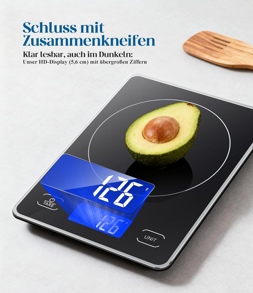 Küchenwaage Digital mit 15 kg Tragkraft, 5 Einheiten in g/ml/fl'oz, Präzise Waage Küche mit Grossem