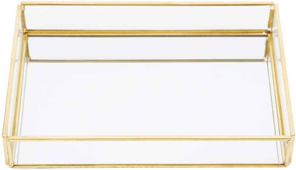 Retro Spiegeltablett, Dekotablett Gold Glastablett Tablett Vintage Metall Glas Aufbewahrungsbox Kosm