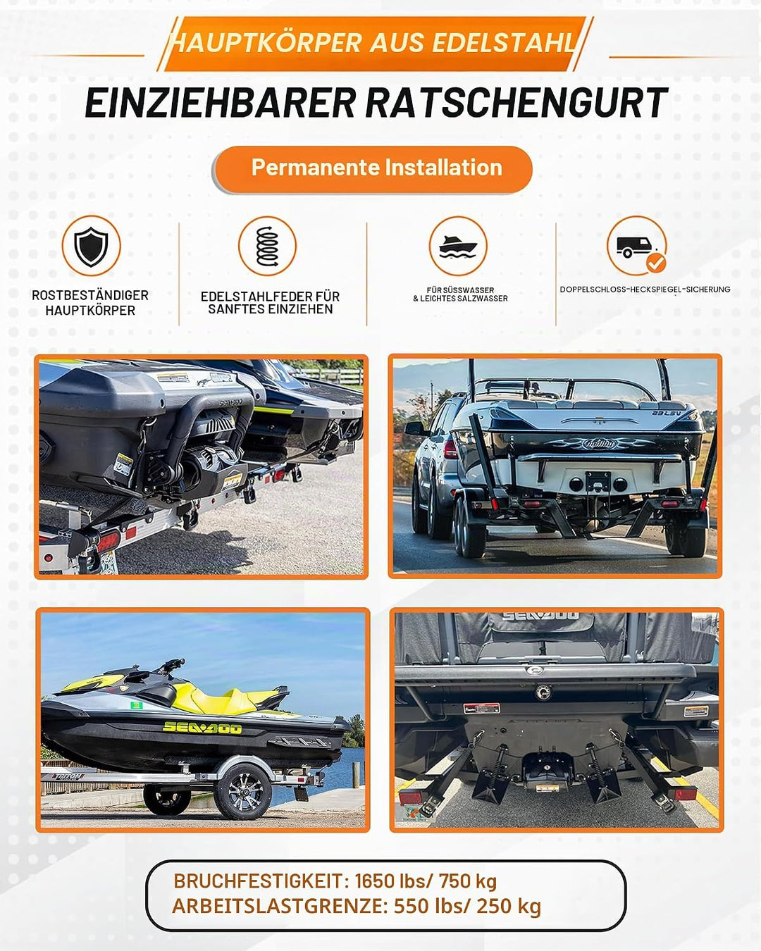 STRAPINNO 2 Stück Edelstahl-Ratschengurte, einziehbar, je 4,2 x 1,2 m, Spanngurte zum Anschrauben –