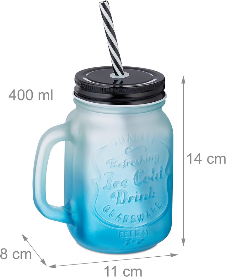 Relaxdays Trinkgläser mit Deckel und Strohhalm, 12er Set, 400 ml, Frosted-Optik, Sommergläser mit He