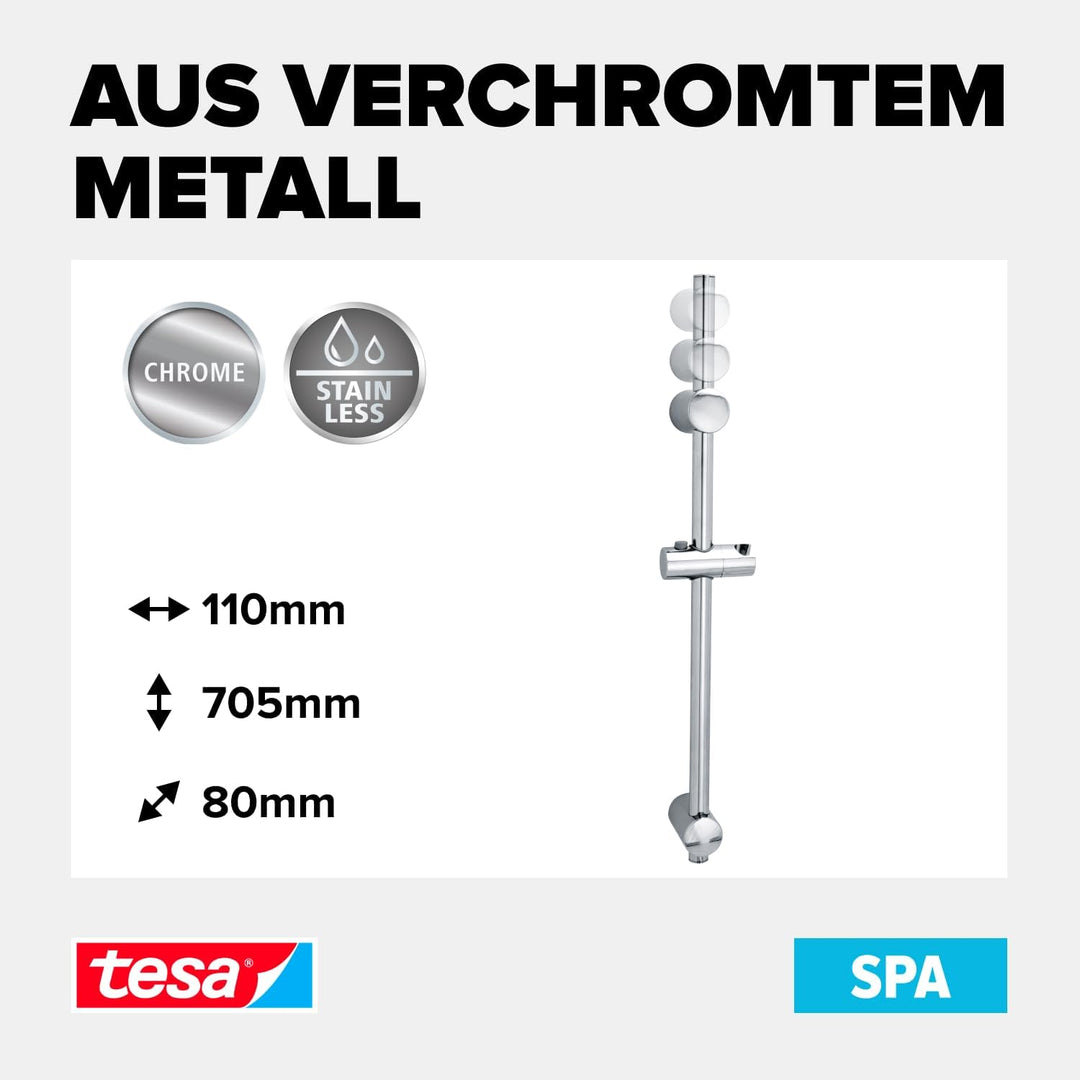 tesa SPAA Duschstange, verchromt, Duschkopfhalter höhenverstellbar, inkl. Klebelösung, Länge der Sta