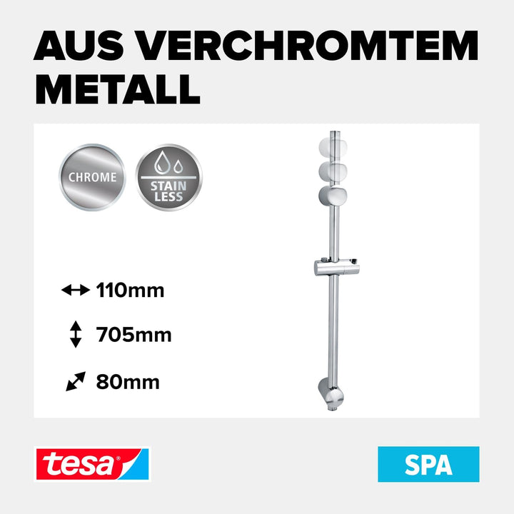 tesa SPAA Duschstange, verchromt, Duschkopfhalter höhenverstellbar, inkl. Klebelösung, Länge der Sta