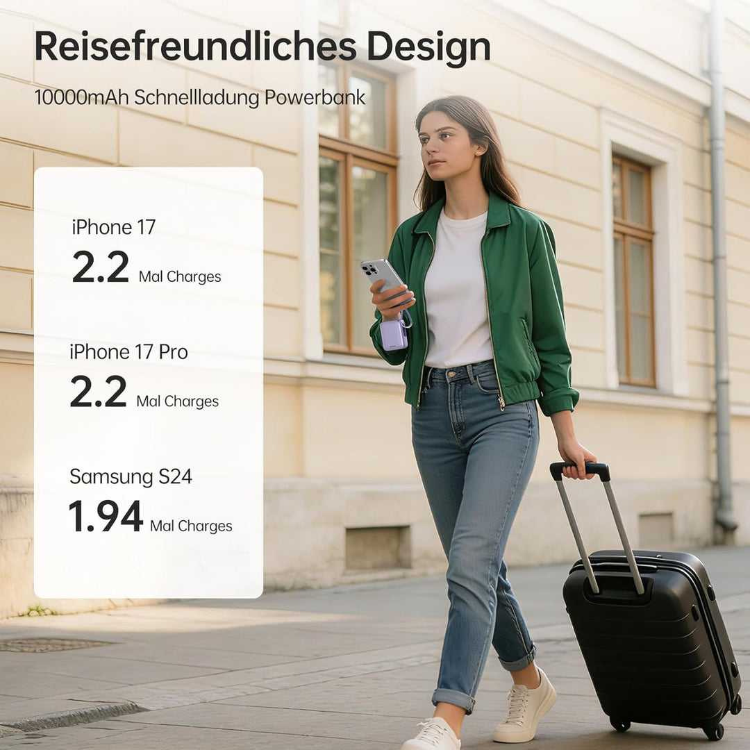 Hichain Power Bank Klein, 10000mAh 22,5W Powerbank USB C Schnellladen mit Integriertem USB-C Kabel,