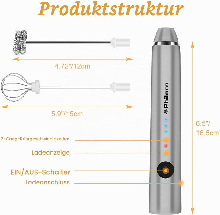 Philorn Milchaufschäumer Stab, Milchaufschäumer Elektrisch Stab Hand Held, 3-Gang USB Aufladbar Aufs