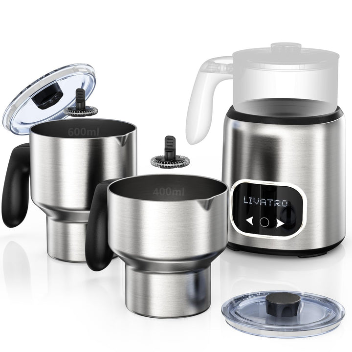 Milchaufschäumer Elektrisch Doppelbechern 600ml & 400ml, Milchaufschäumer Induktion ohne Anbrennen,