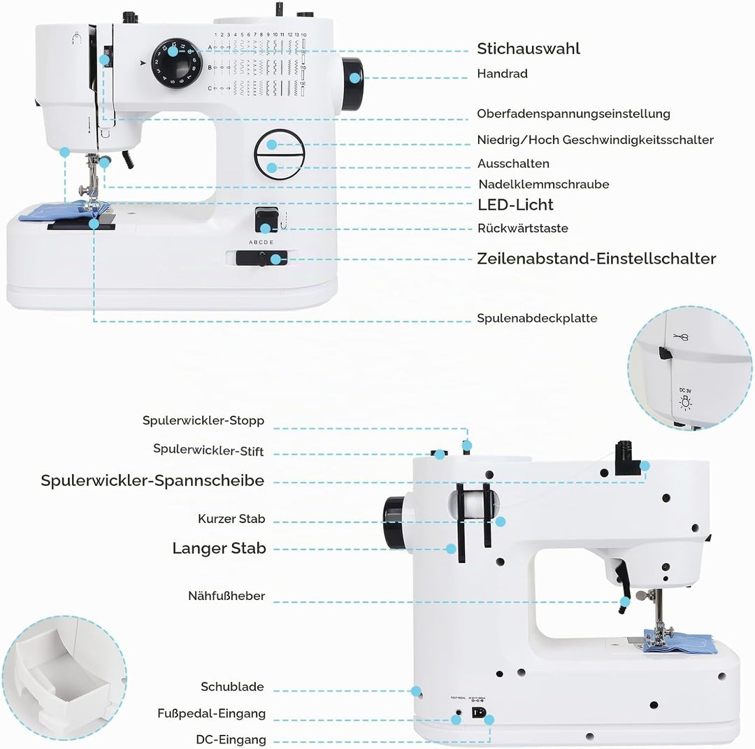 Nähmaschine für Anfänger mit Anschiebetisch, Qoosea 39 Stiche Klein Nähmaschine Kinder Portable Mini