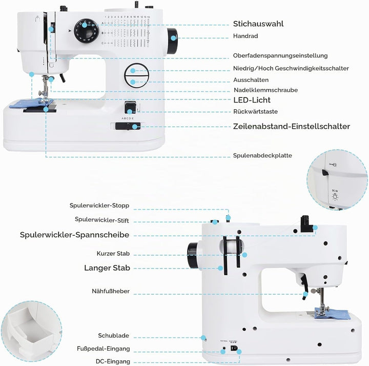 Nähmaschine für Anfänger mit Anschiebetisch, Qoosea 39 Stiche Klein Nähmaschine Kinder Portable Mini