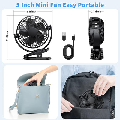 ATEngeus Mini USB Ventilator, 5000mAh Clip Fan, 3-Gang Akku Ventilator, leiser Tischventilator, 360°