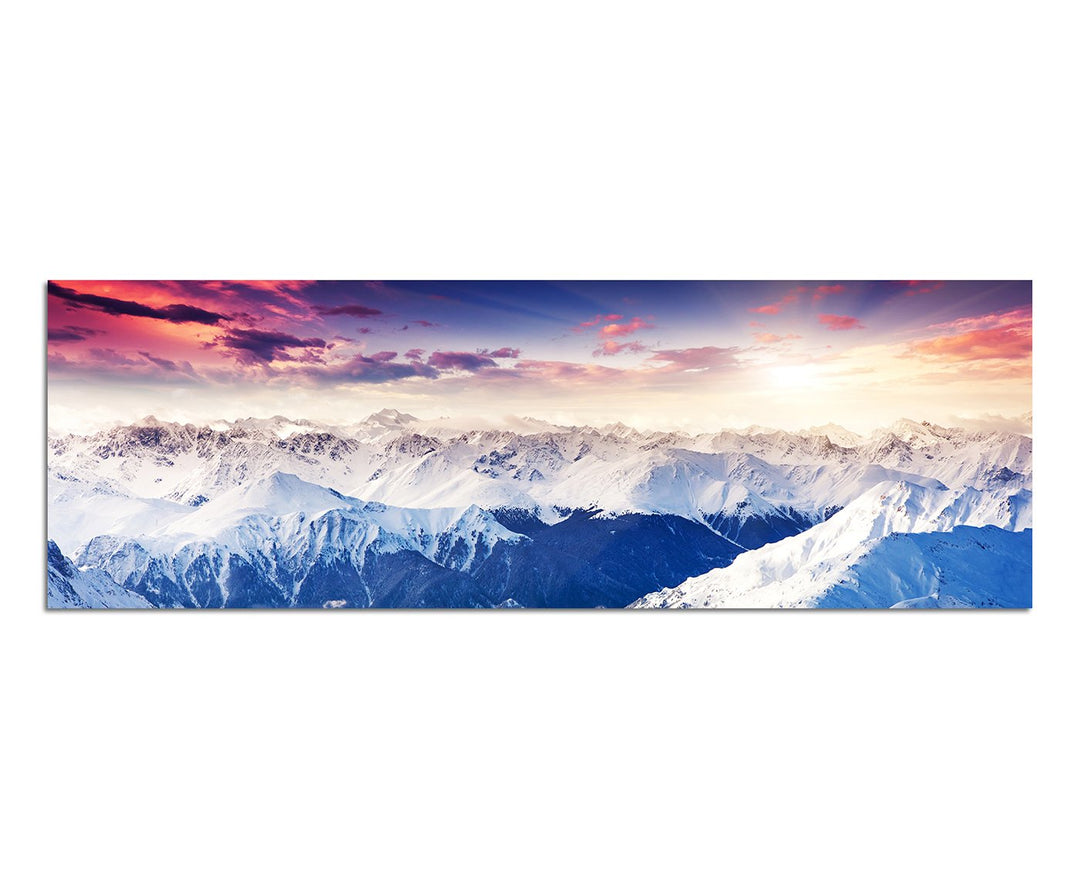 Paul Sinus Art Panoramabild auf Leinwand und Keilrahmen 150x50cm Berge Gebirge Schnee Nebel Abendrot