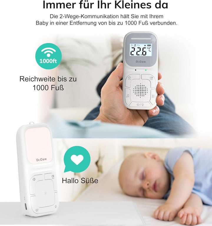 Dr.Care NeoGo Audio Baby Monitor – Vorgepaart, Gegensprechfunktion, VOX, Nachtlicht, Schlaflieder, V