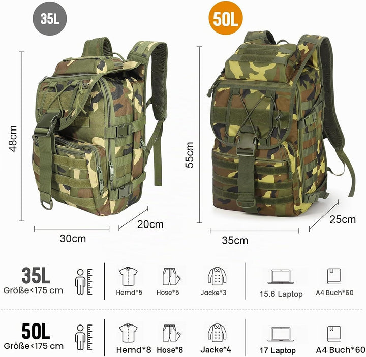 SHANNA Militärrucksack 35L/50L Armee Rucksack Molle, Hohe Kapazität Trekkingrucksack Wanderrucksäcke