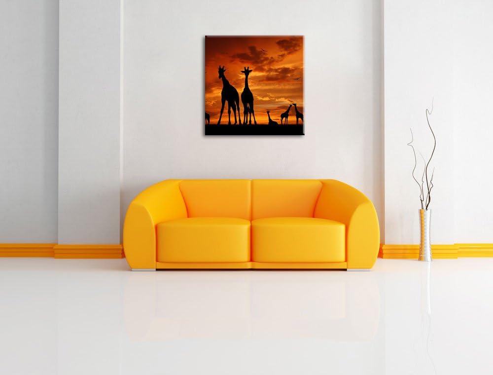 Pixxprint Afrika Giraffen im Sonnenuntergang, Format: 70x70 auf Leinwand, 70x70