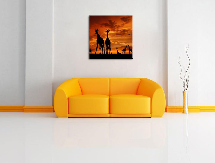 Pixxprint Afrika Giraffen im Sonnenuntergang, Format: 70x70 auf Leinwand, 70x70