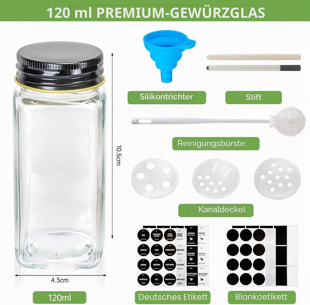 Gewürzgläser Eckig Set 24er, Gewürzdosen Glas 120ml, Gewürzstreuer Mit Schwarz Deckel, Gewürz Organi
