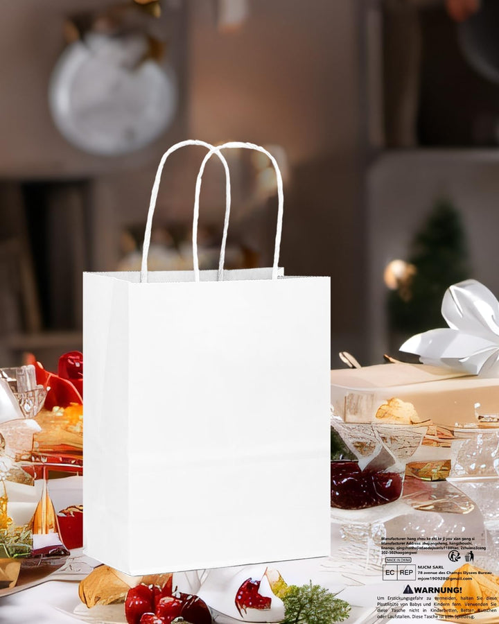 Gcardist 100-Packs weisse Geschenk-Taschen mit Griffen Bulk 11"x8.3"x4.3" Medium Size Paper Bags Mul
