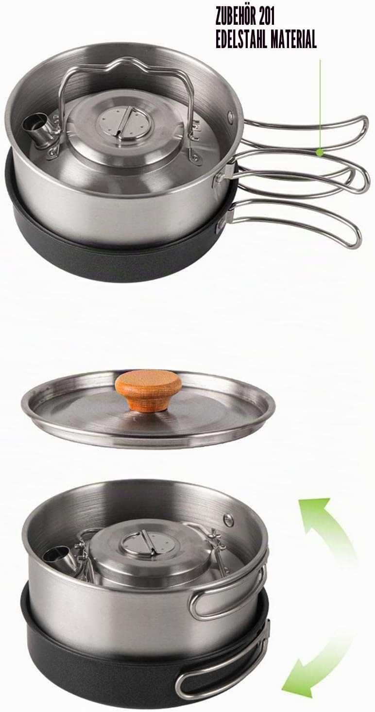 Outdoor Kochgeschirr Set, Camping Kochgeschirr Set aus Edelstahl, Faltbare Kochtopf Hängetopf Wasser