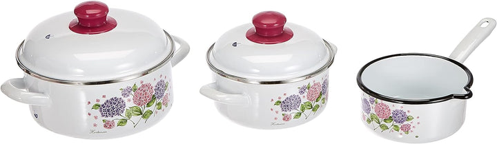 GSW 189965 Kochtopf-Set Hortensie 5-tlg, Stahl-Emaille, Kunststoff, weiss