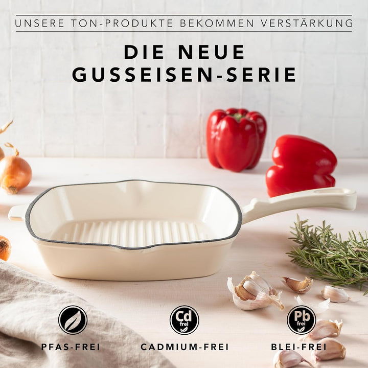 Römertopf Gusseisen Grillpfanne eckig 24 cm – Steakpfanne Emaille-Beschichtung, alle Herdarten inkl.