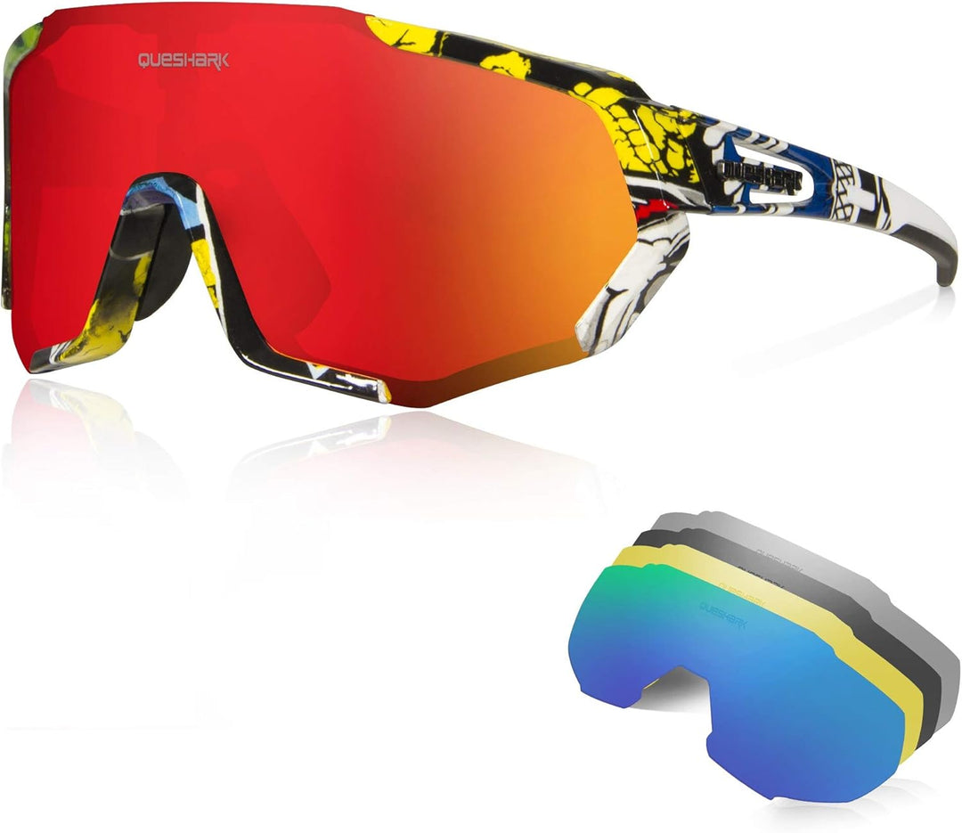 Queshark Sportbrillen Fahrrad Brillen Damen Herren Polarisierte UV400 Schutz mit 5 Wechselgläser Rad