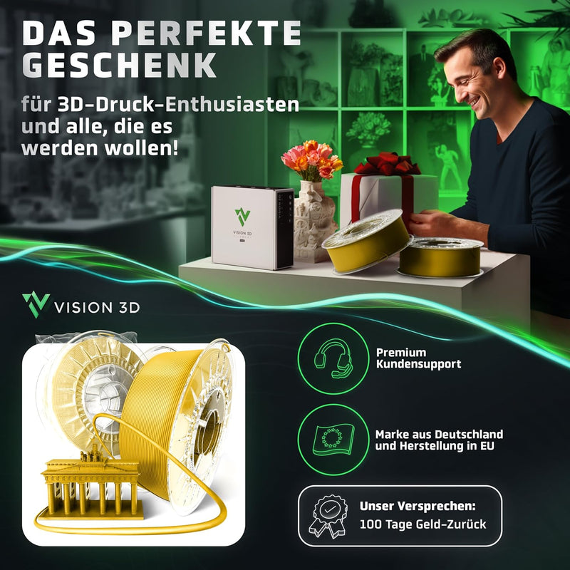 Vision 3D® PETG Filament 1.75 - [1KG Spule] 3D Drucker Filament PETG - Wasserfest, Hitze- & UV-bestä