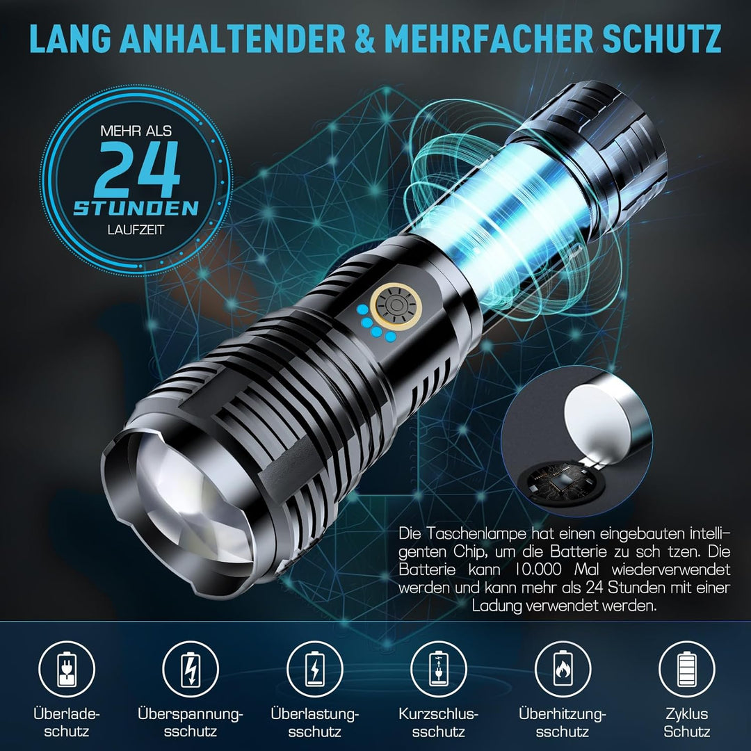 Glarylight Taschenlampe LED Aufladbar 500000 Lumen, LED Taschenlampe Extrem Hell XHP70.2 Taschenlamp