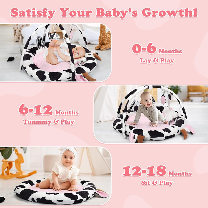 Rosa Kuh Spielbogen Baby, Spieldecke Baby mit 6 Sensorischen Spielzeugen Abnehmbarem, Extra dicke We