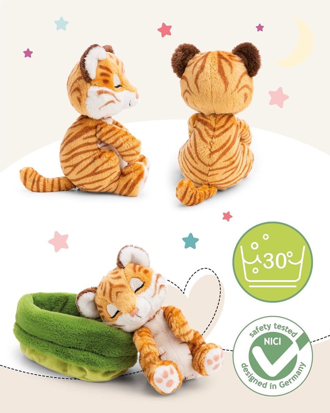 NICI Kuscheltier Tiger 12cm schlafend im Körbchen - braun - Stofftier aus weichem Plüsch, niedliches
