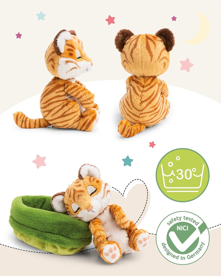 NICI Kuscheltier Tiger 12cm schlafend im Körbchen - braun - Stofftier aus weichem Plüsch, niedliches