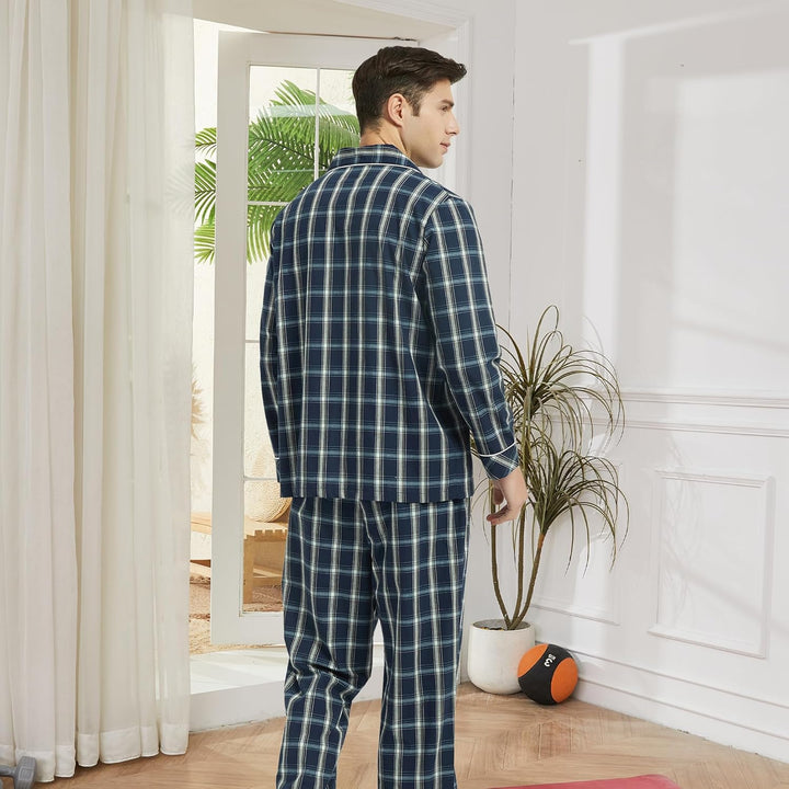 Vulcanodon Pyjama Herren 100% Baumwolle Schlafanzug lang Set kariert mit Knopfleiste weiche Nachtwäs