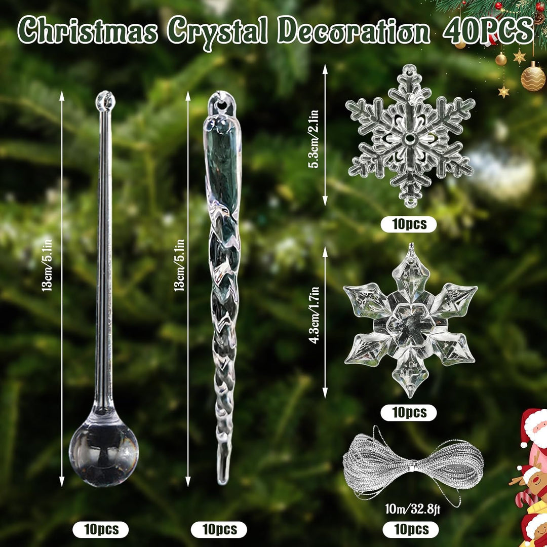 40 Stück Weihnachtsbaumschmuck, Acryl Schneeflocken Eiszapfen Anhänger Christmas Decorations,DIY Kri