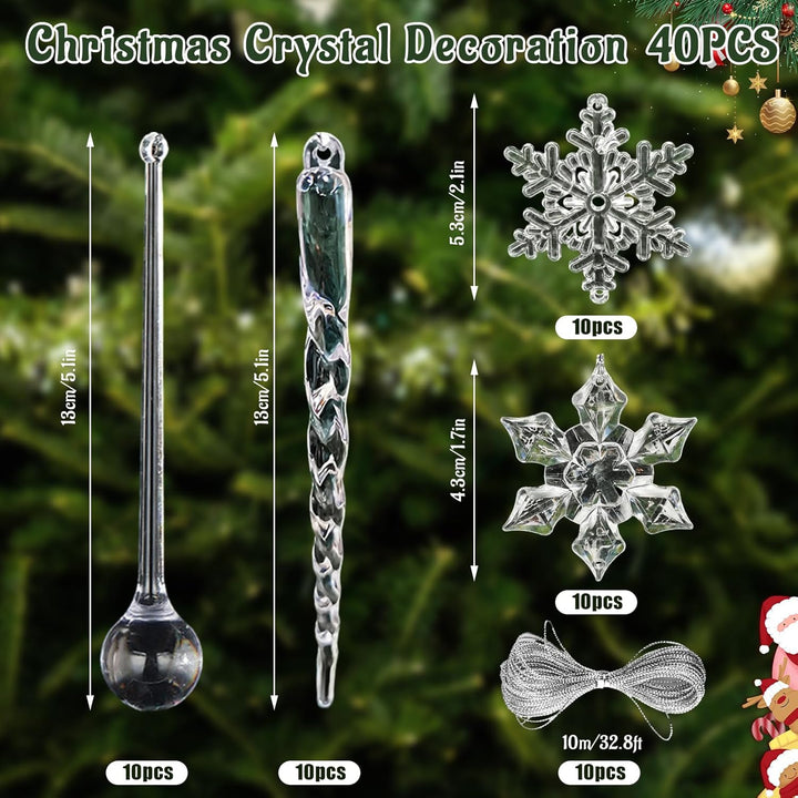 40 Stück Weihnachtsbaumschmuck, Acryl Schneeflocken Eiszapfen Anhänger Christmas Decorations,DIY Kri