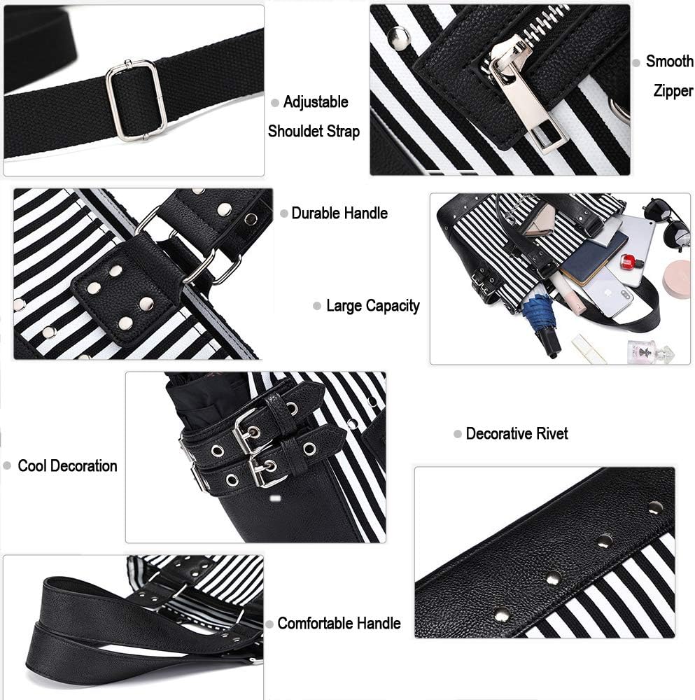 KEEPOP Damenmode Niet Handtasche Geldbörse Canvas Punk Tote mit Schultergurt Umhängetasche Grosse Ka