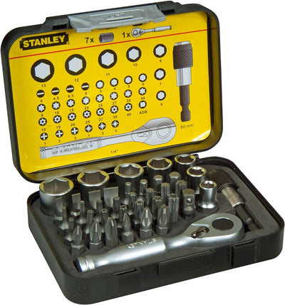 Stanley 1/4" Bit-Satz 1-13-906 (25mm, 39-teilig Set mit Mini-Umschaltknarre und Steckschlüsseln) 1 S