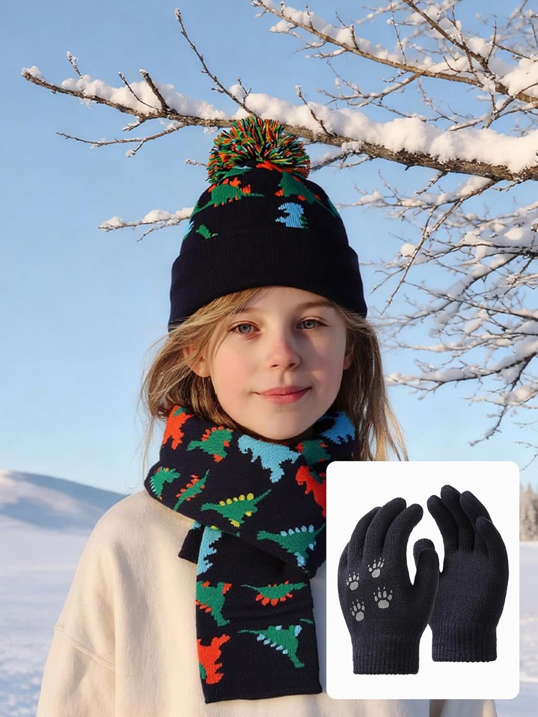 NATUST Mütze Schal Handschuh-Sets für Jungen Dinosaurier Wintermütze mit Bommel Warmer Strickschal H