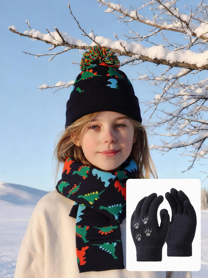 NATUST Mütze Schal Handschuh-Sets für Jungen Dinosaurier Wintermütze mit Bommel Warmer Strickschal H