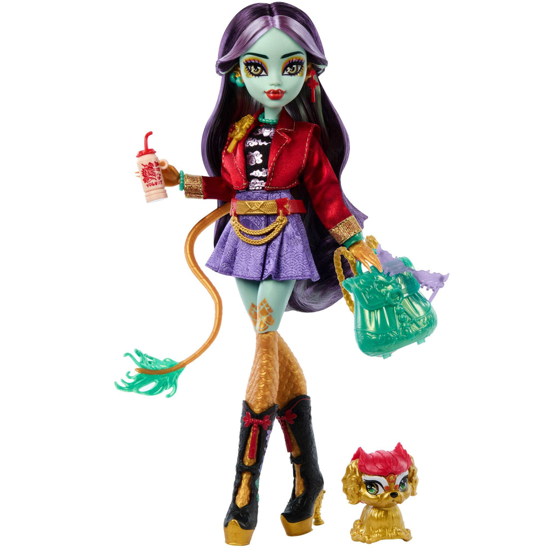 Monster High-Puppe Jinafire Long, Drachenmädchen mit Haustierhund Cloudy Yun Yun“ und 7 Accessoires