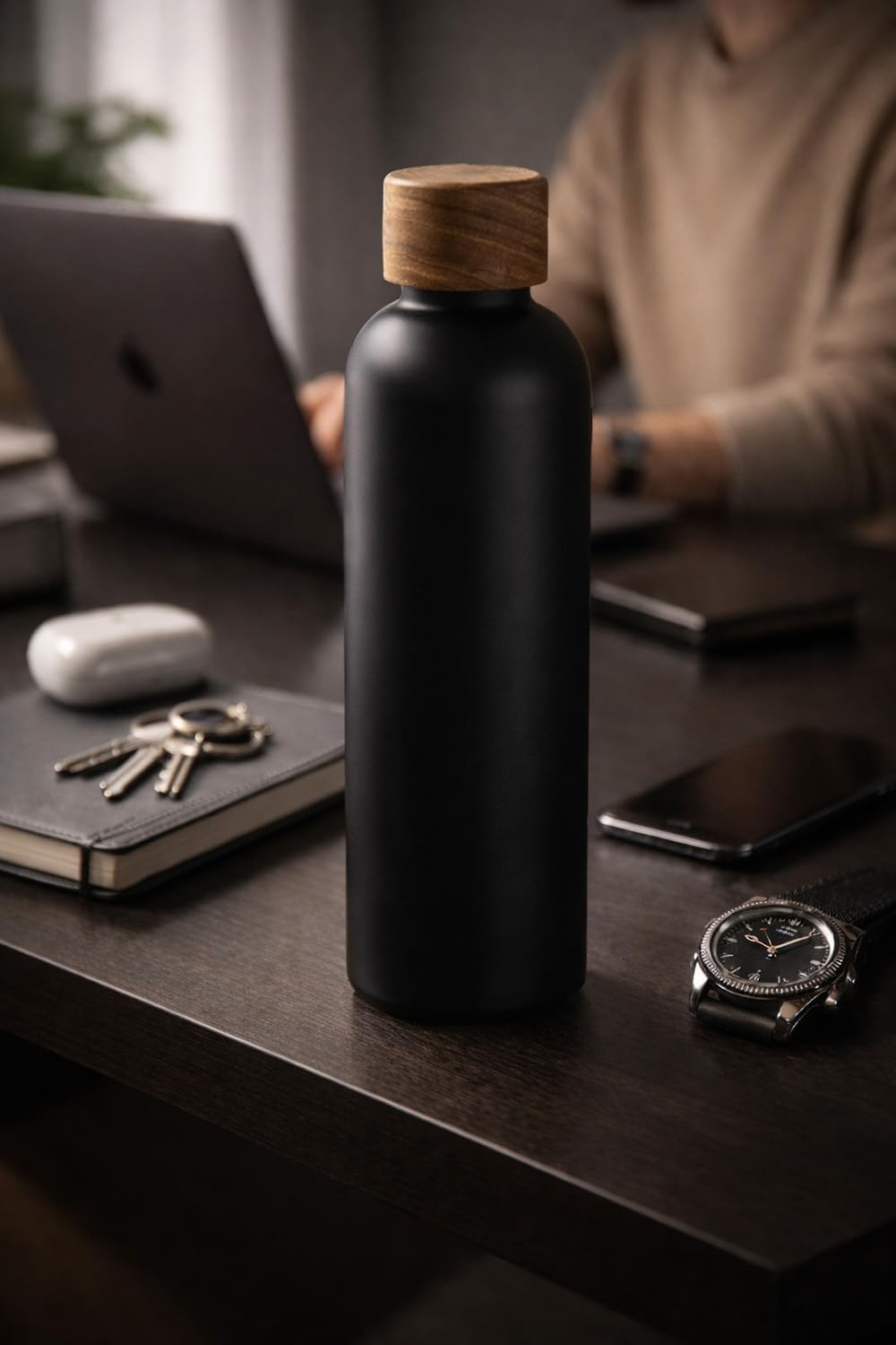 T&N Edelstahl Trinkflasche 500ml, Thermosflasche 0.5l mit Akazienholz Deckel, Isolierte Wasserflasch