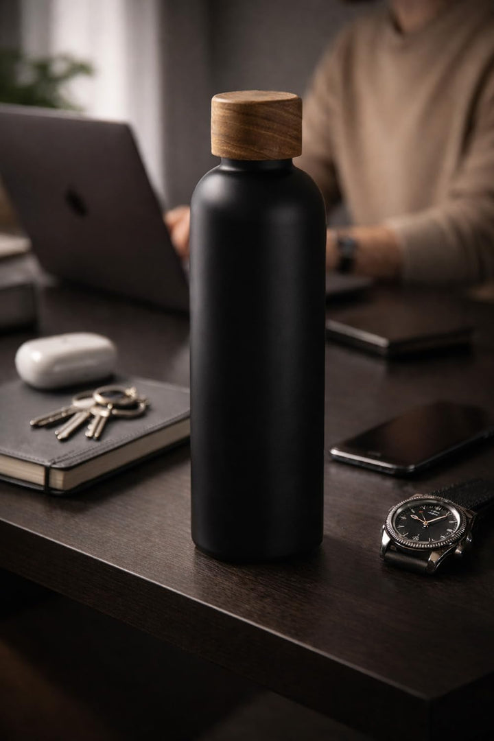 T&N Edelstahl Trinkflasche 500ml, Thermosflasche 0.5l mit Akazienholz Deckel, Isolierte Wasserflasch