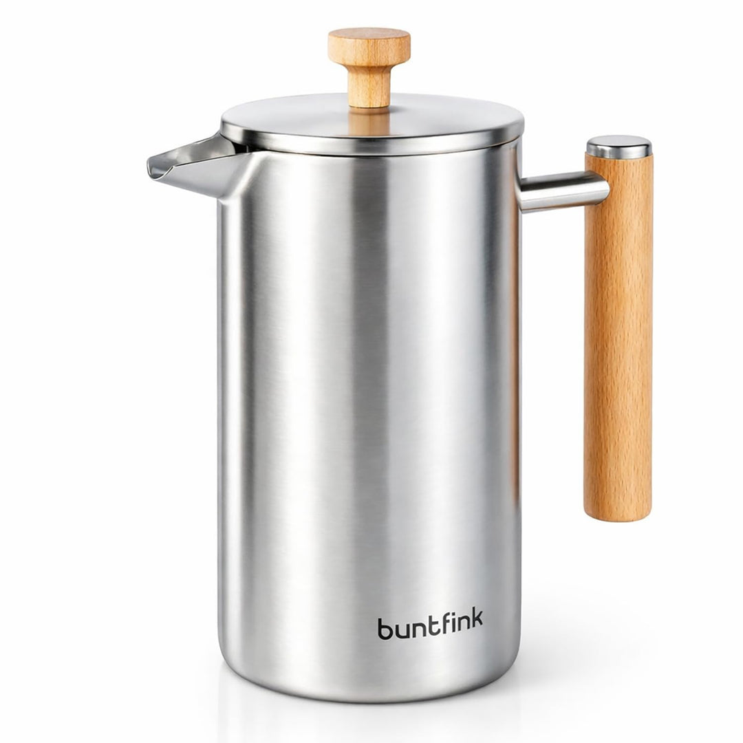 Buntfink French Press Thermo 1 Liter aus Edelstahl und Holz | Kaffeebereiter doppelwandig isoliert |