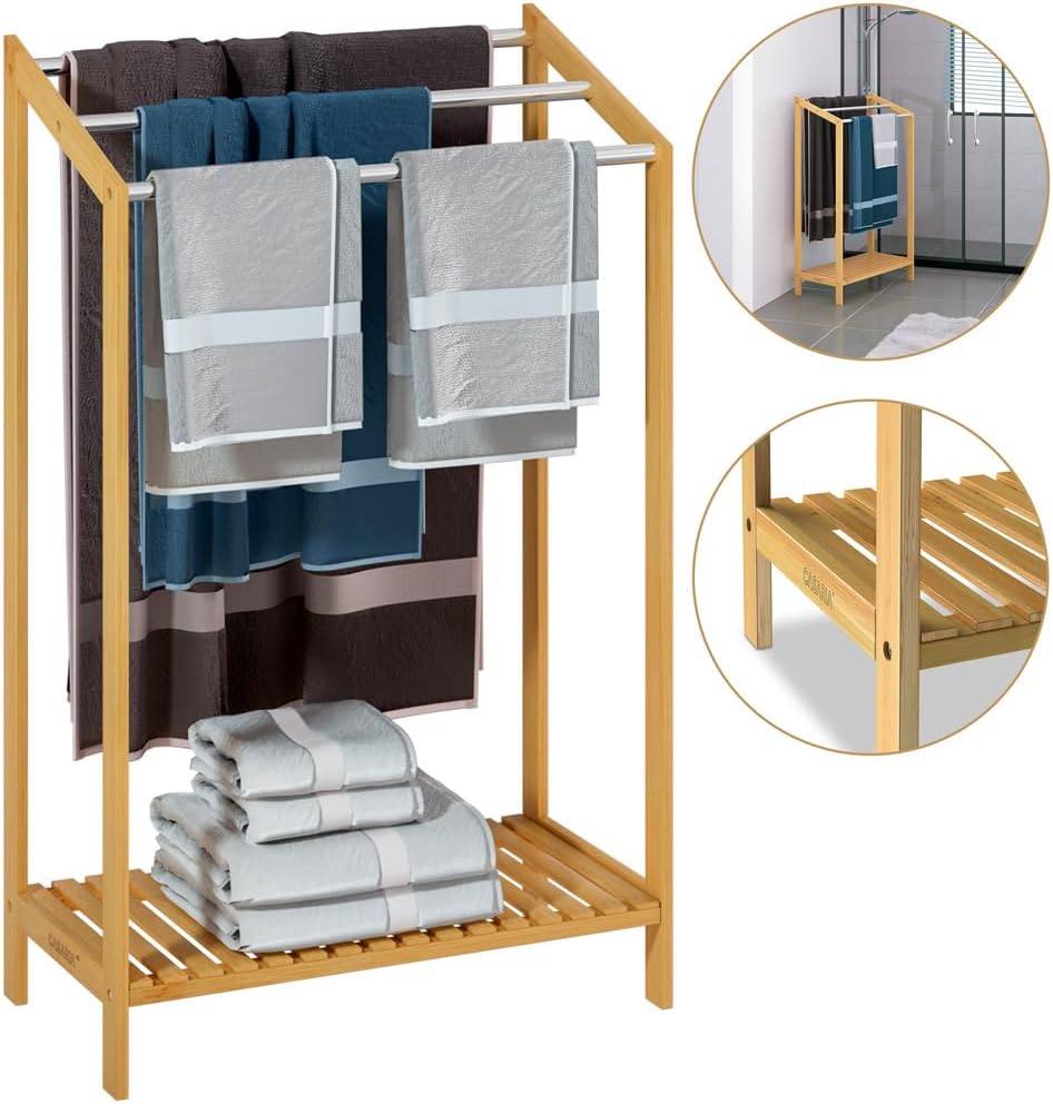 CASARIA® Handtuchhalter Stehend Bambus Holz 3 Edelstahl Stangen 85 x 51 x 31 cm mit Ablage Handtuchs