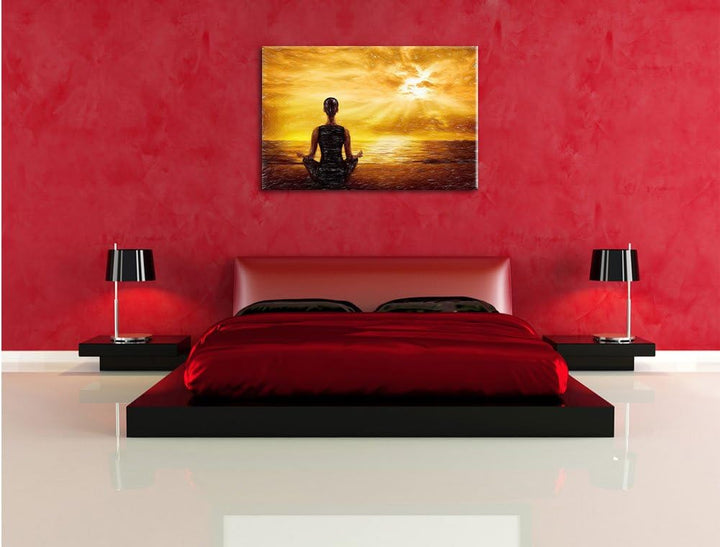 Pixxprint Frau meditiert bei Sonnenaufgang am Strand Kunst Buntstift Effekt, Format: 100x70 auf Lein