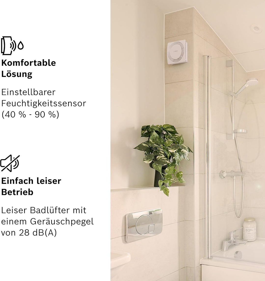 Bosch Leiser Badlüfter 1900 DH W100 - Für die Belüftung in Badezimmer und Toilette, gegen Feuchtigke