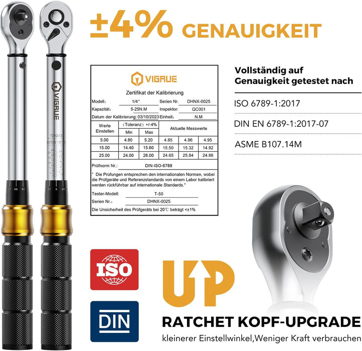 Drehmomentschlüssel Fahrrad,VIGRUE 1/4 Zoll Drehmomentschlüssel 5-25 Nm ±4% Fehlergenauigkeit mit Ve