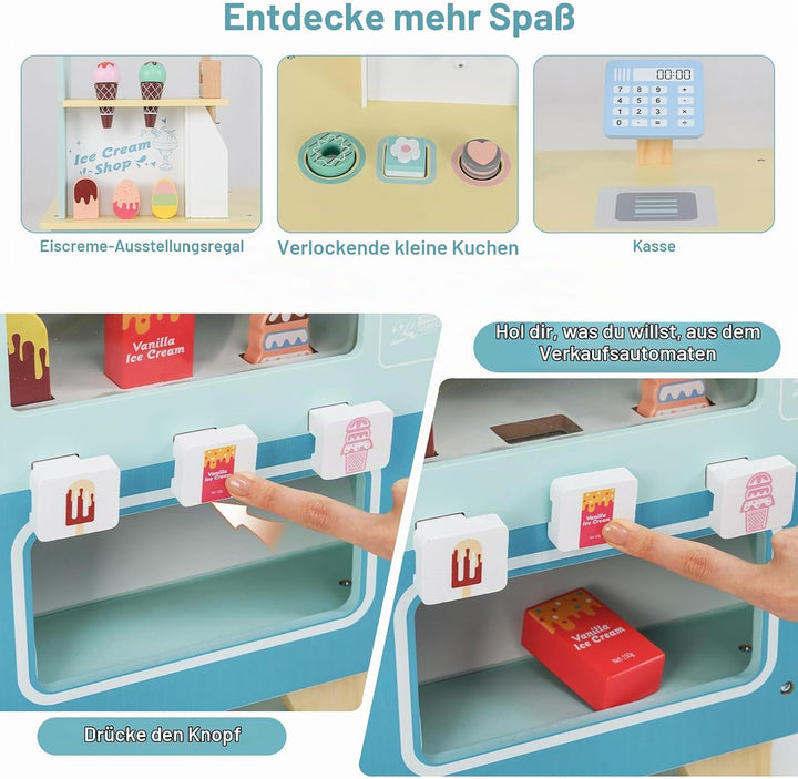 HOMASIS Kinder Eiswagen Holz mit 15 Zubehör, Kaufladen mit 6 Spielzeug-Eiscreme, Eismaschine, Verkau